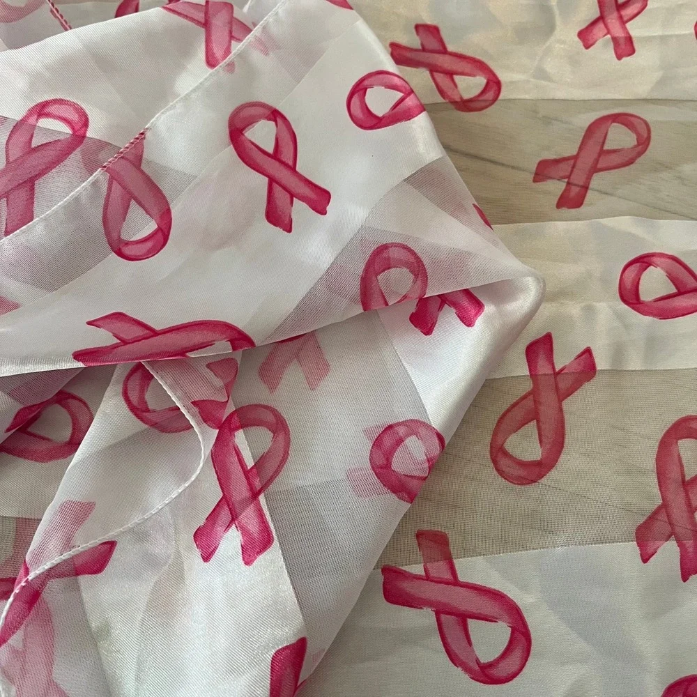 Pink‎ Ribbon Breast Cancer Awareness Scarf Sheer Striped Silk Feel Oblong White